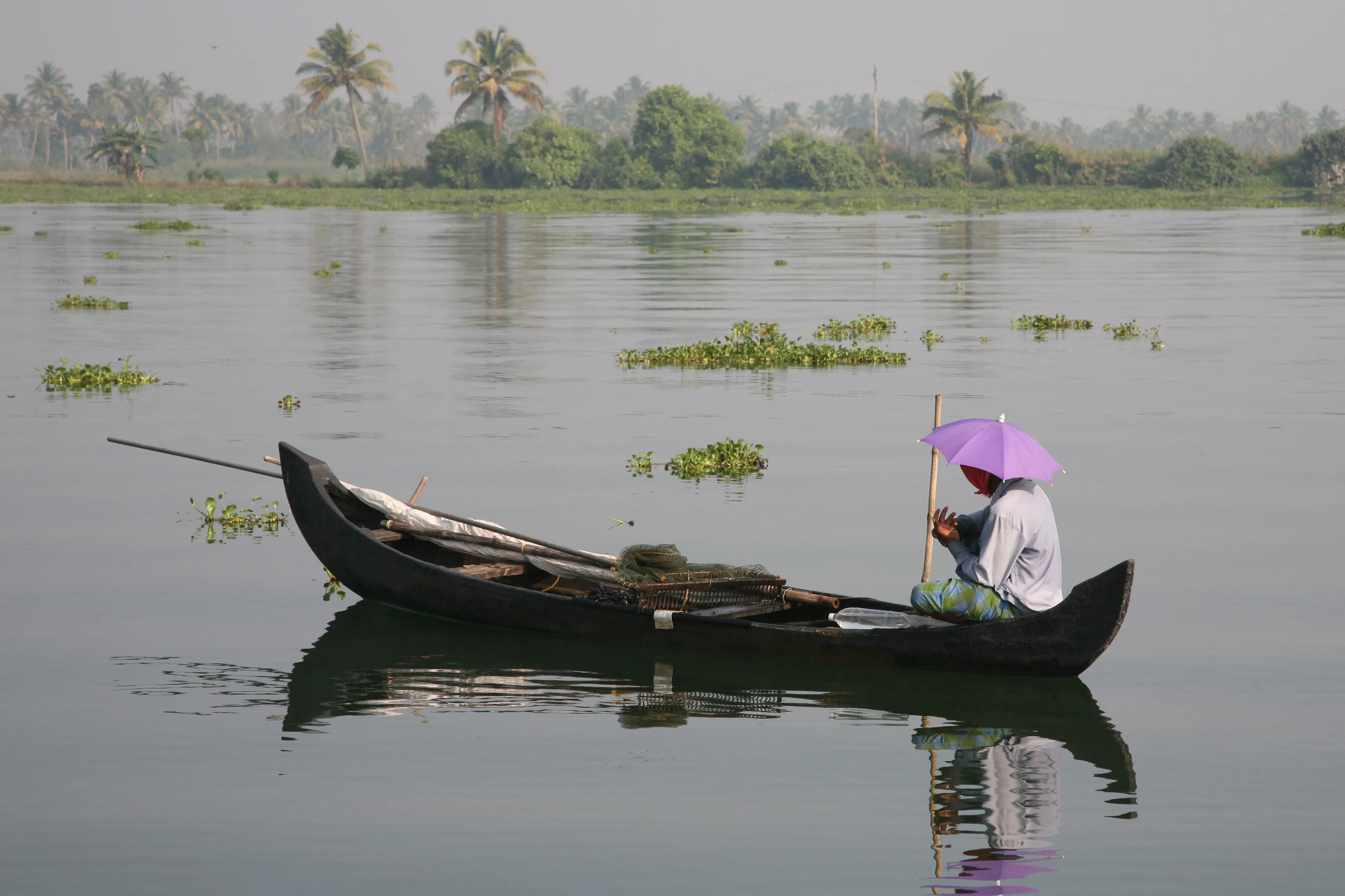 Alleppey backwaters at sunset with a silhouetted Kerala houseboat