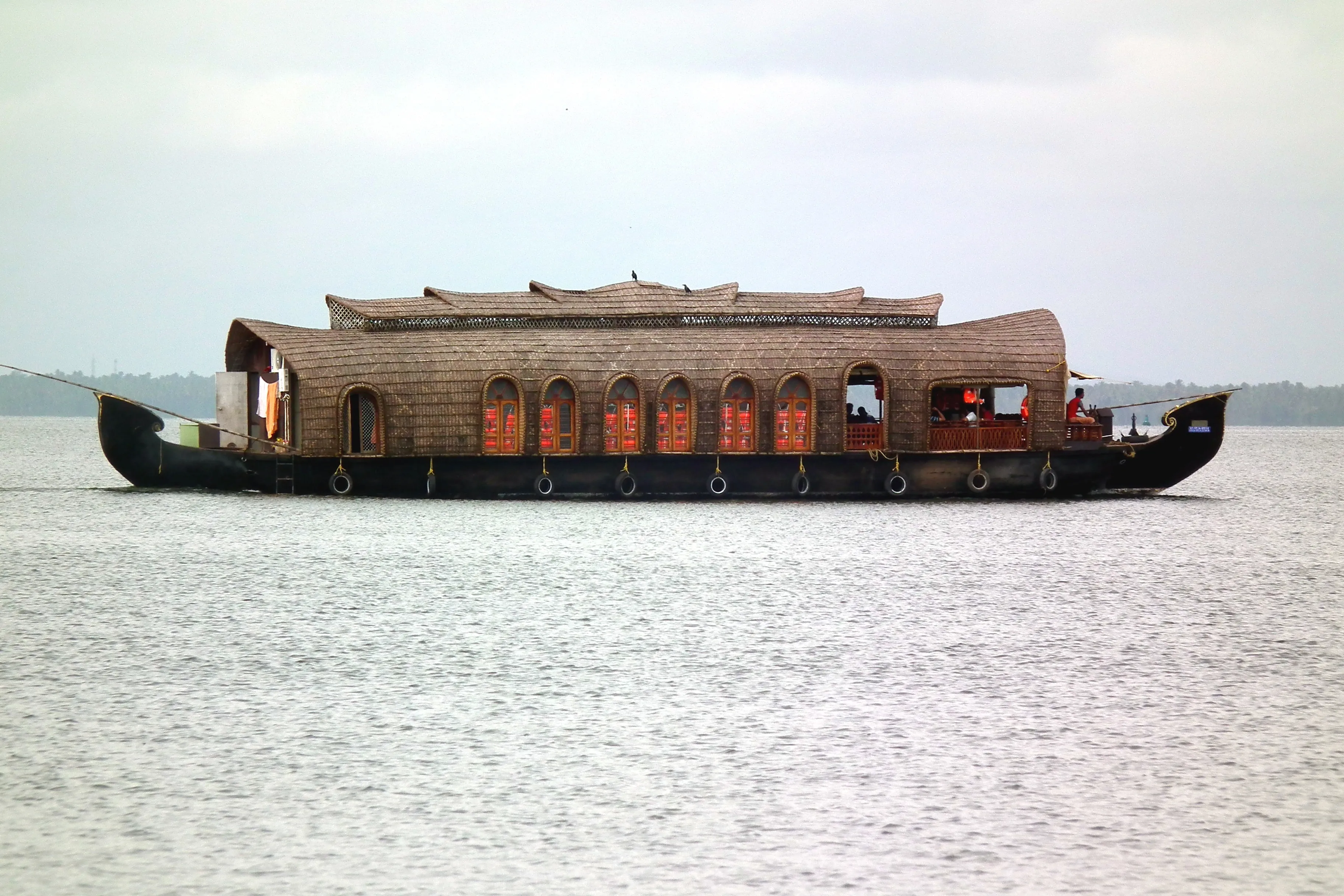 Panorama of the Alleppey Kerala backwaters with houseboats among coconut palms and paddy fields